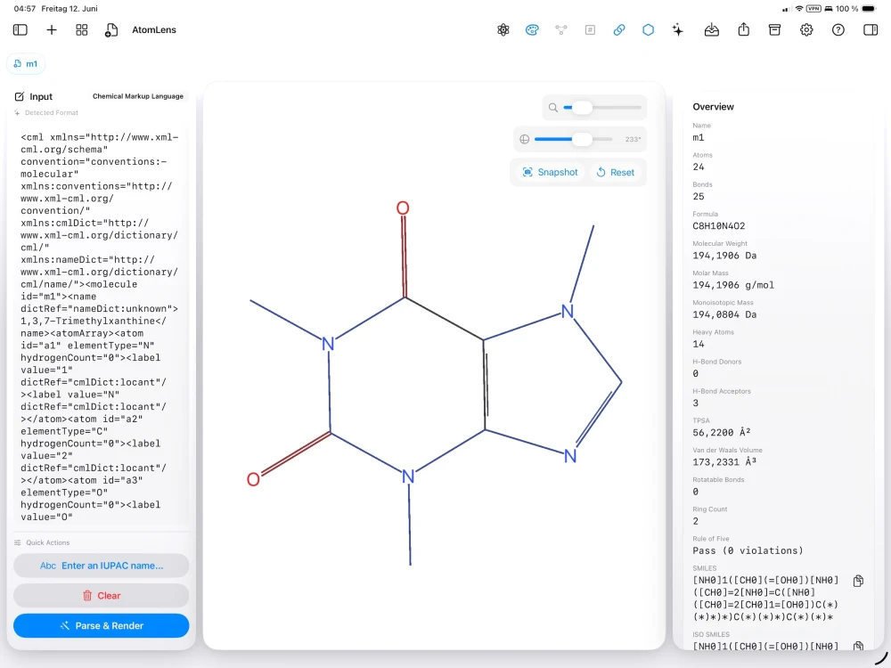 AtomLens on iPad displaying a caffeine structure with a touch-oriented workspace.