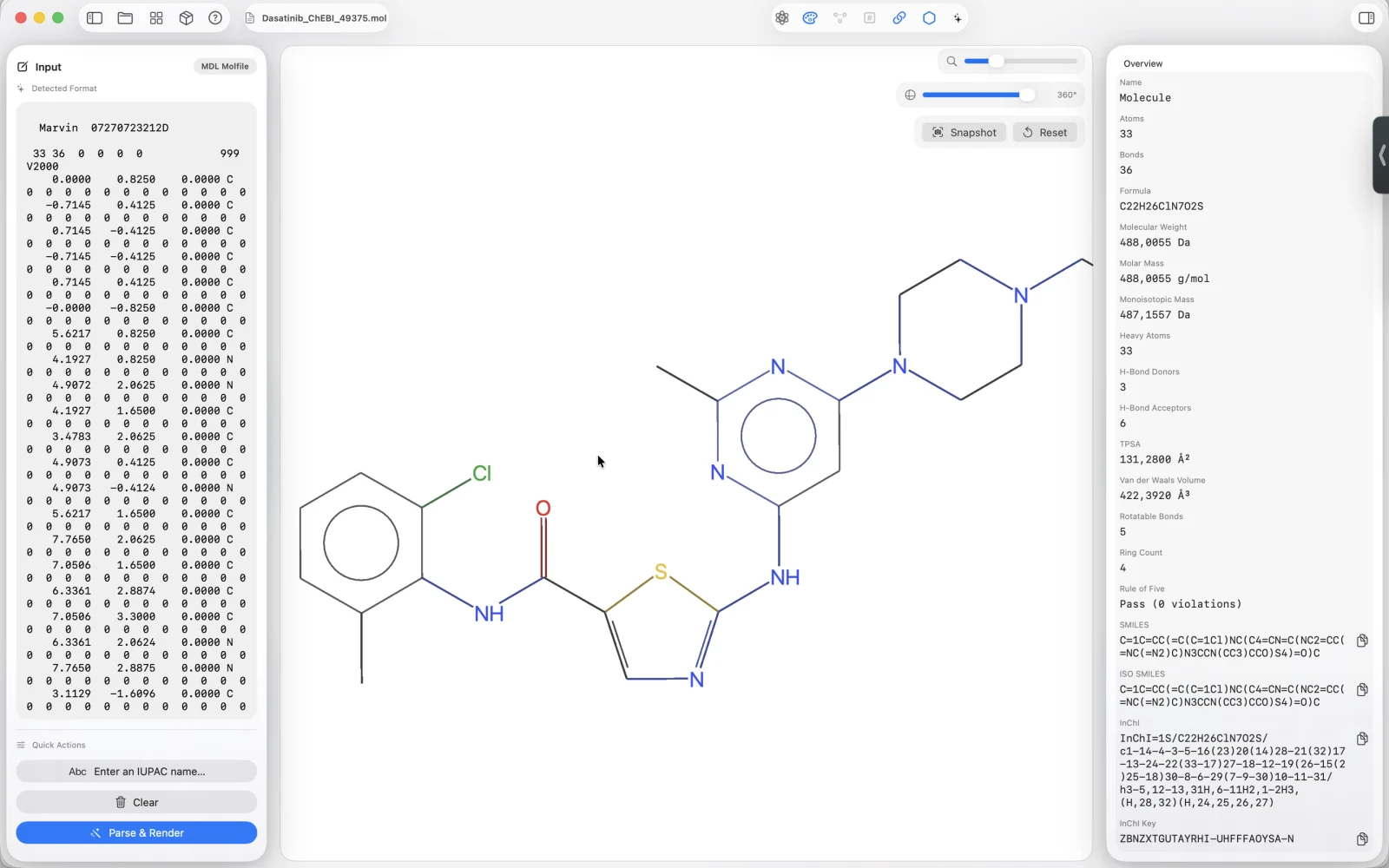 AtomLens on Mac displaying a Dasatinib molecule alongside its source and calculated properties.