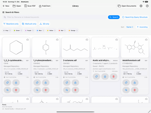 AtomLens 3.1 iPad-Bibliothek mit integrierten Beispielen für öffentliche Moleküle und Reaktionen, chemischen Eigenschaften, Filtern und dem Status der lokalen Speicherung.