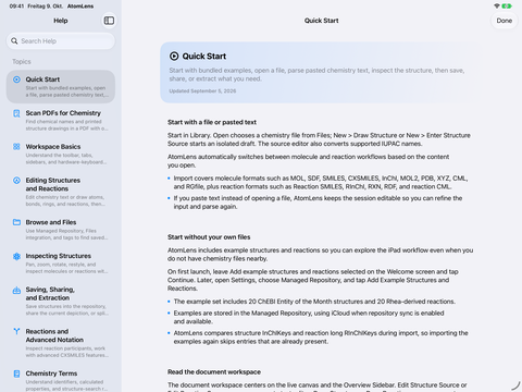 AtomLens 3.0 – der native iPad-Hilfe-Viewer, der die Schnellstartanleitung und eine durchsuchbare Themen-Seitenleiste anzeigt.
