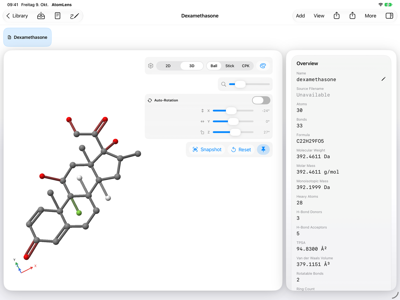 AtomLens 3.0 on iPad displaying Dexamethasone as a 3D ball-and-stick model beside its molecular properties and view controls.