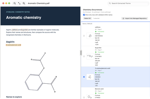 AtomLens 3.0 Mac PDF – Scan, auf dem neben dem Quelldokument „Aromatic Chemistry“ hervorgehobene chemische Bezeichnungen und bestätigte Strukturen zu sehen sind.
