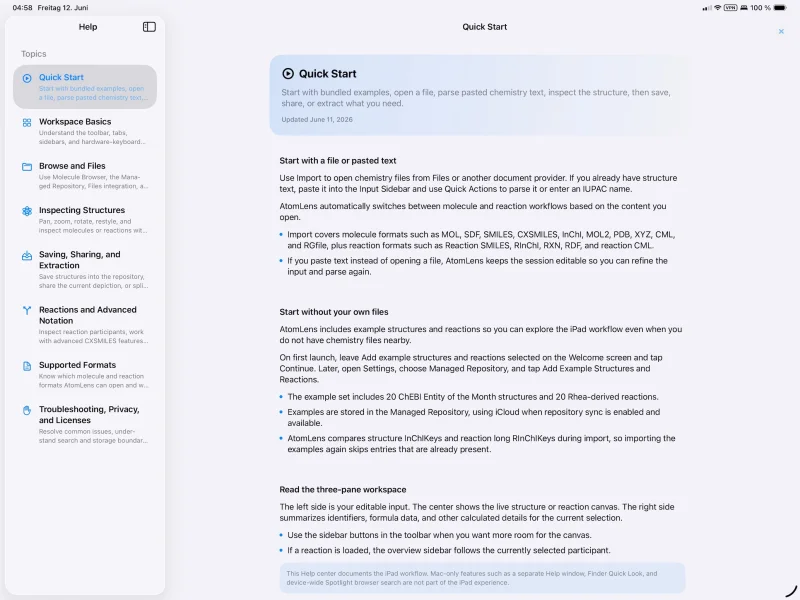 AtomLens in-app help on iPad, open to the Quick Start guide.