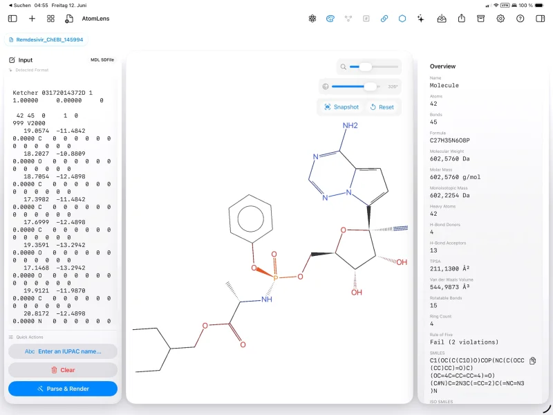 An AtomLens iPad molecule document showing Remdesivir and its properties.