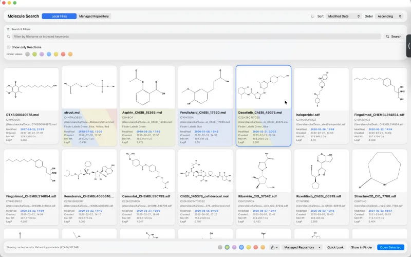 AtomLens Mac Local Files browser with search, Finder labels, and molecular previews.