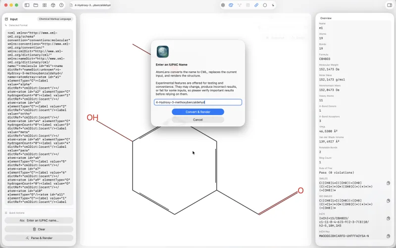 The Enter an IUPAC Name dialog in AtomLens on Mac.