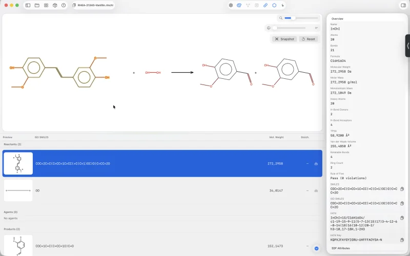 A reaction scheme, participants, and calculated details in AtomLens on Mac.