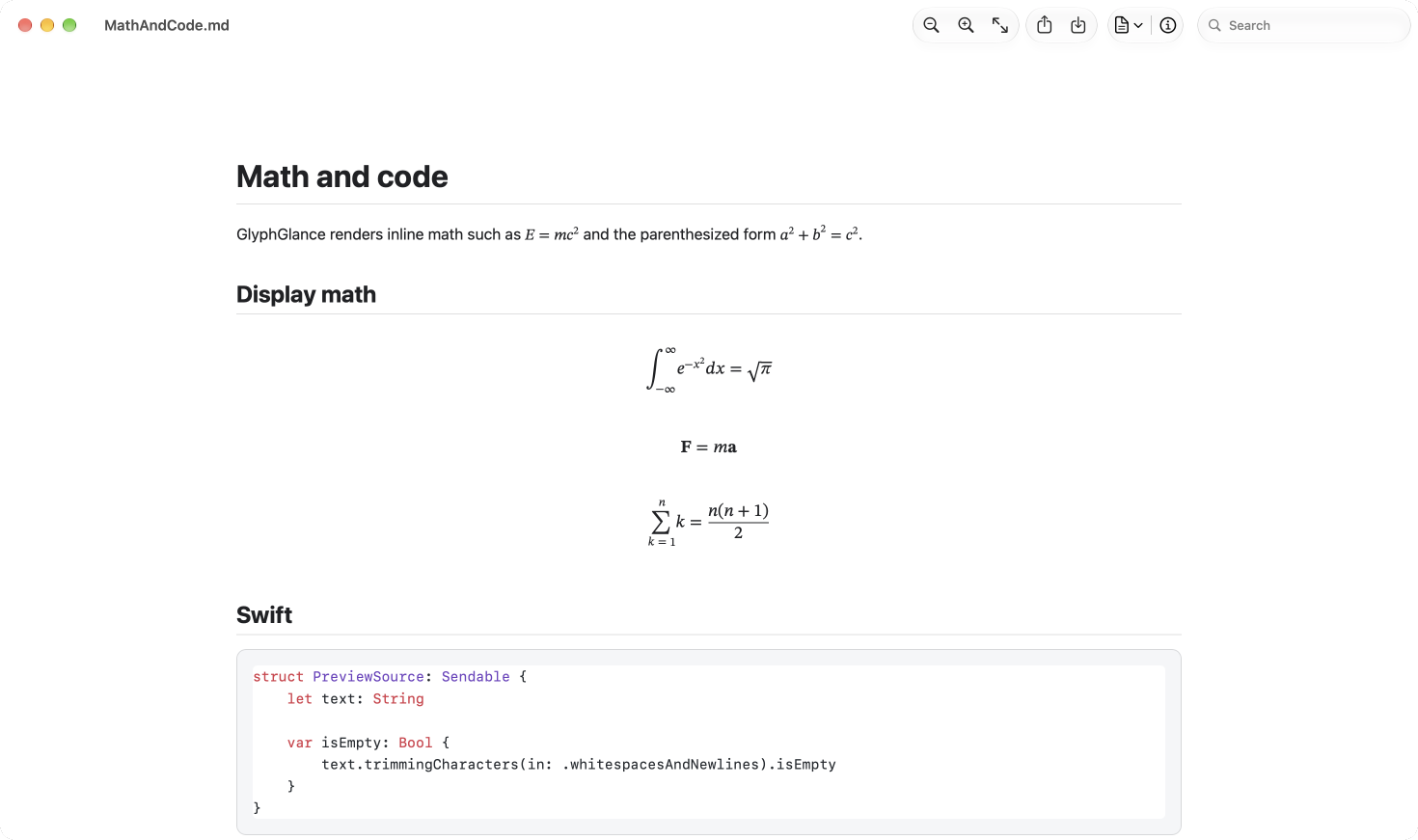 GlyphGlance with its full native toolbar above mathematical notation, equations, and a syntax-highlighted Swift code block.