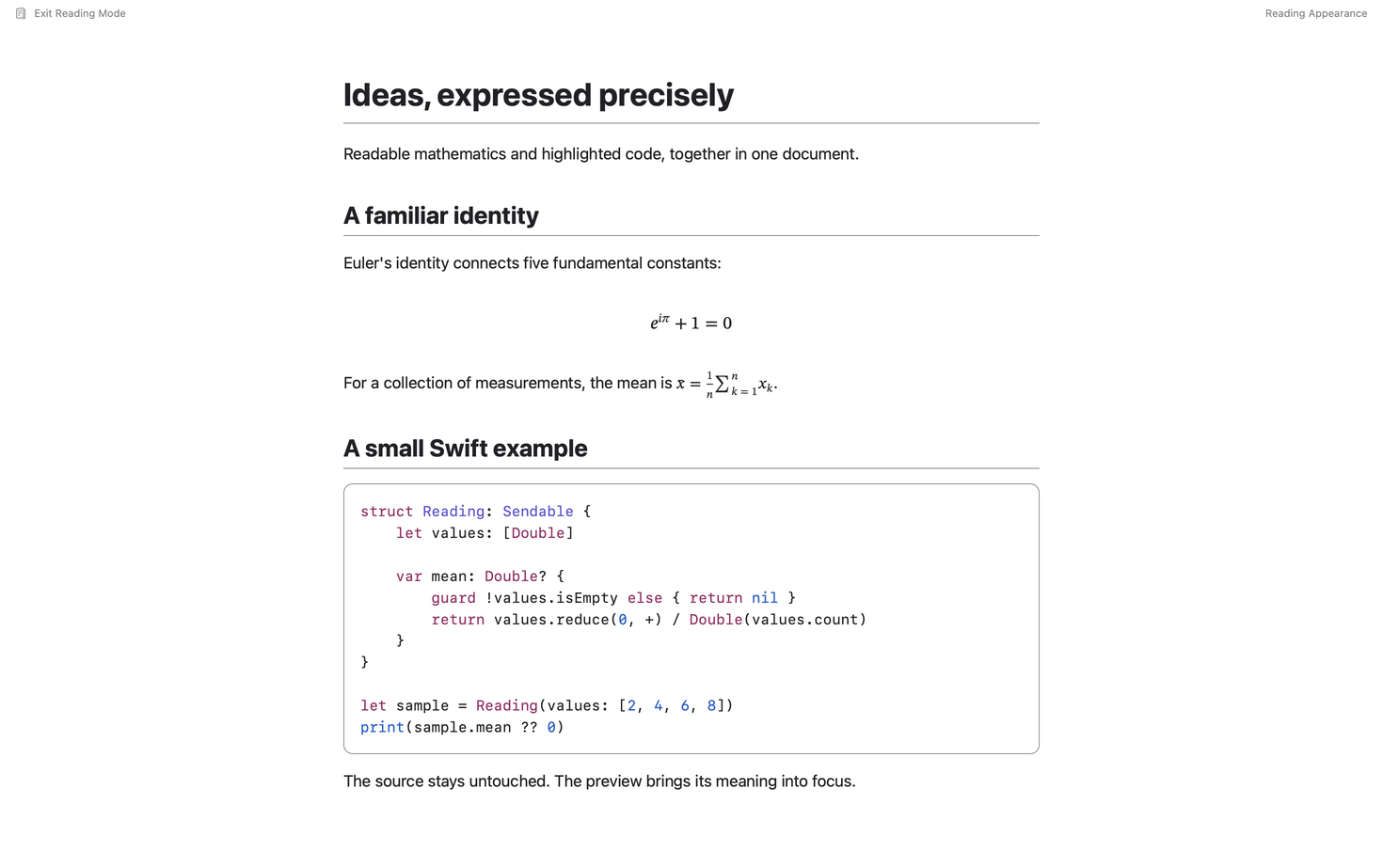 GlyphGlance 1.3 en modo de lectura ligera, donde se muestra la identidad de Euler, una fórmula media y código Swift con sintaxis resaltada, con los controles mínimos de lectura en la parte superior.