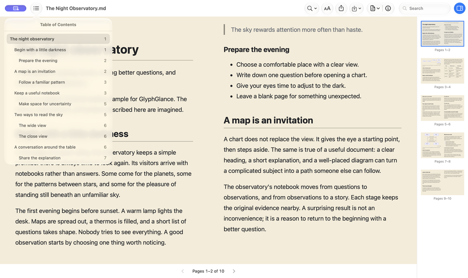 GlyphGlance 1.4: versión que muestra el índice nativo con títulos y números de página para el lector.