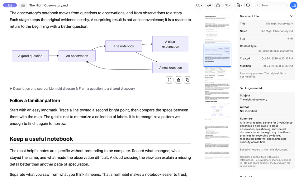 Versión 1.4 de GlyphGlance, que muestra un minimapa continuo junto a la información del documento, cuyo tamaño se puede ajustar de forma independiente.